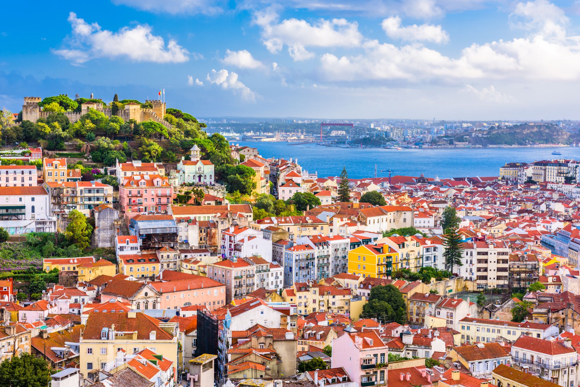 Panorama Lizbone z gradom São Jorge in reko Tejo v ozadju.