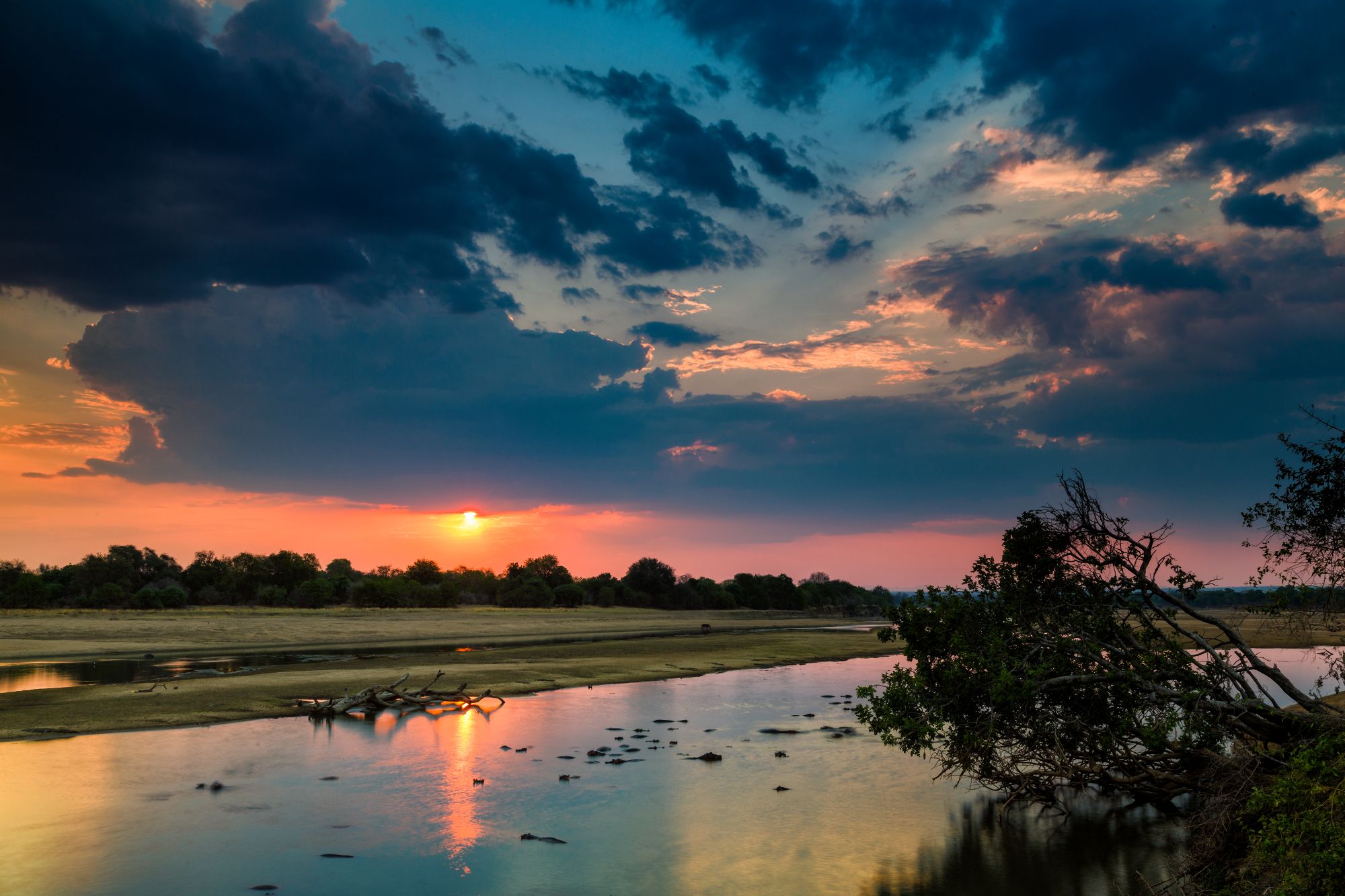 Sončni zahod nad reko Luangwa v narodnem parku South Luangwa v Zambiji, safari pokrajina in afriška narava.