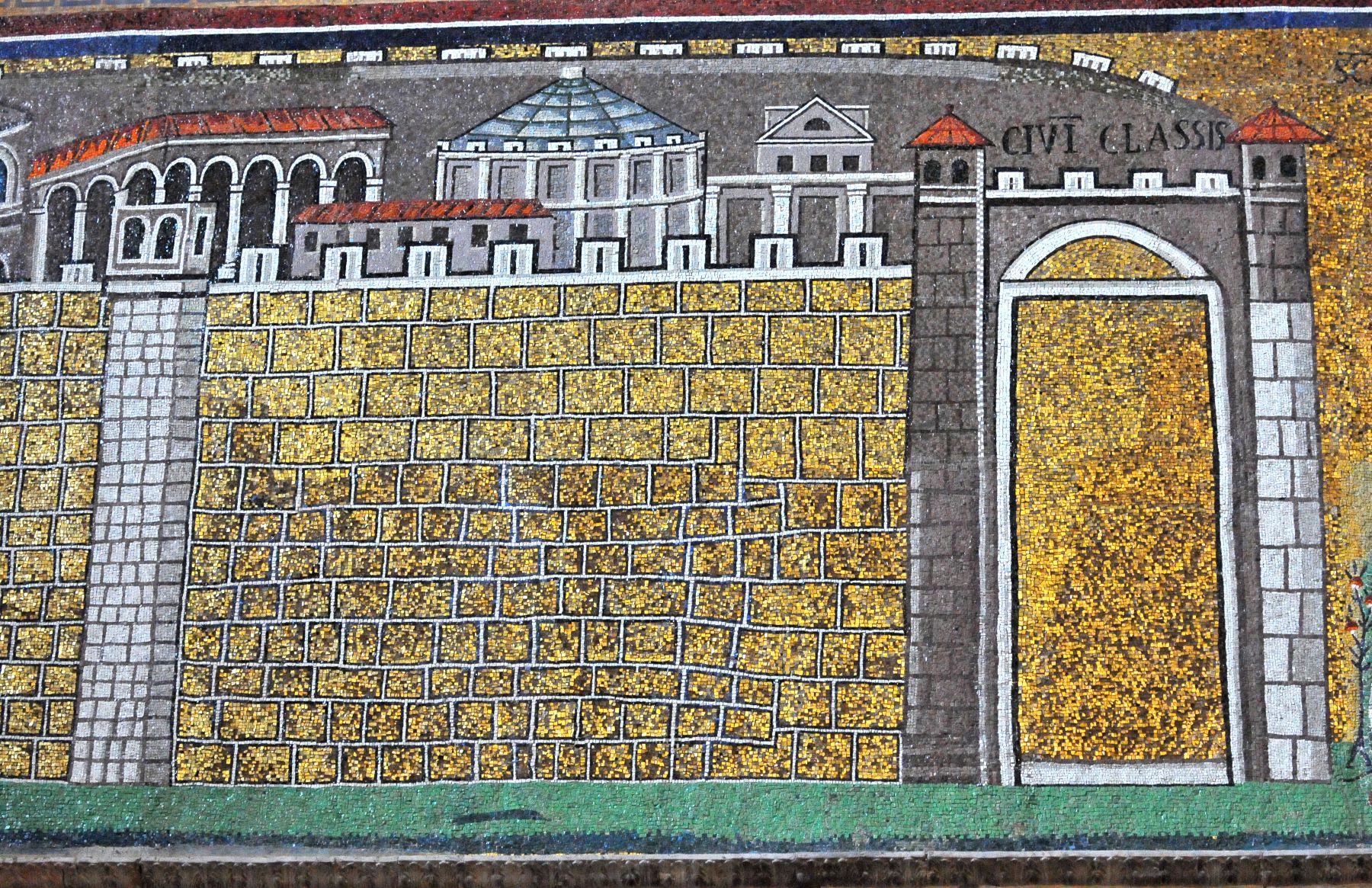 Detajl mozaika, ki prikazuje starodavno pristanišče Ravene v Classeju, v cerkvi Sant'Apollinare Nuovo.