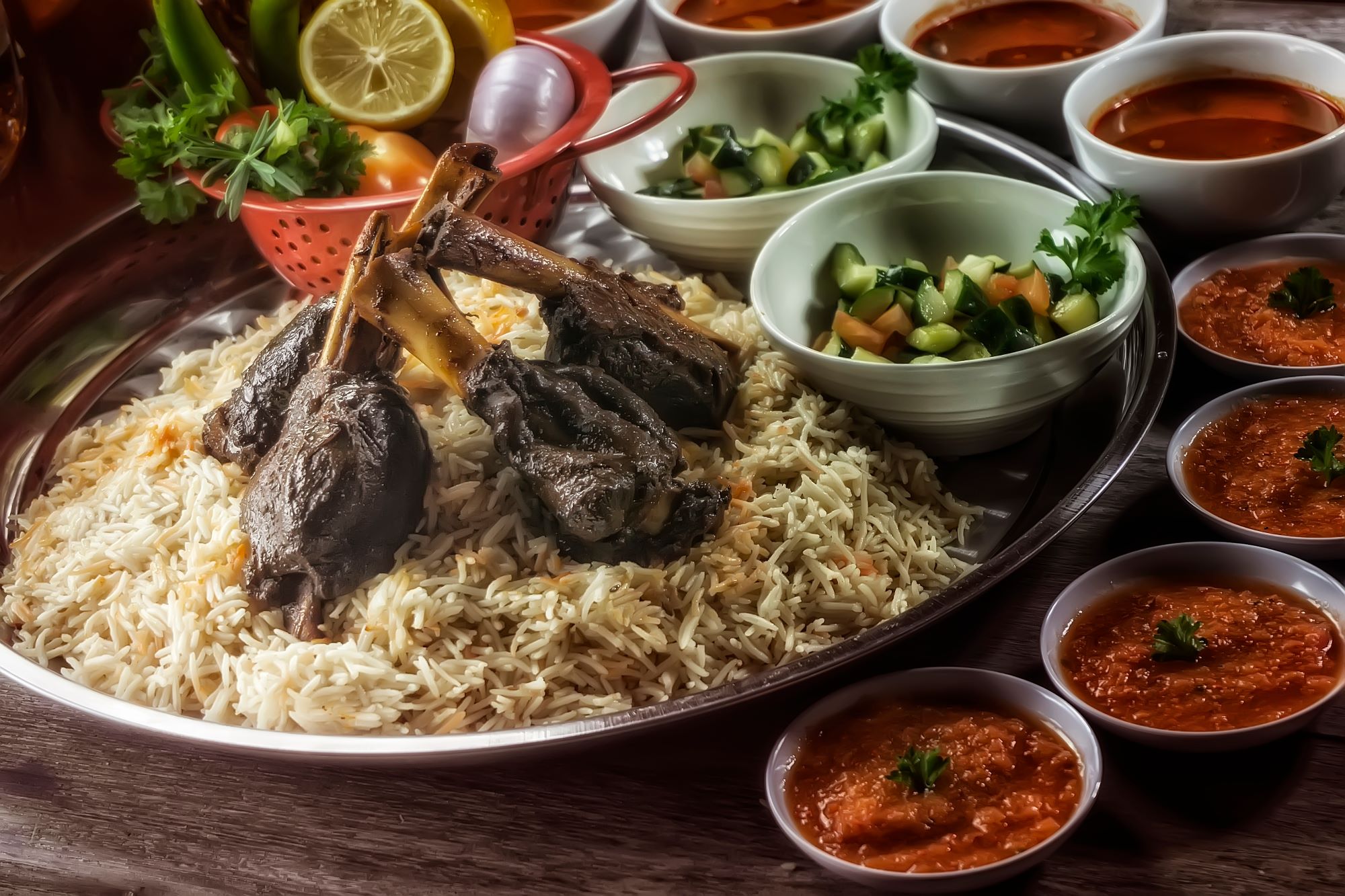 Pogled na krožnik s tradicionalno arabsko jedjo mandi, kjer postrežejo kuhan riž z začimbami in jagnječjim mesom.
