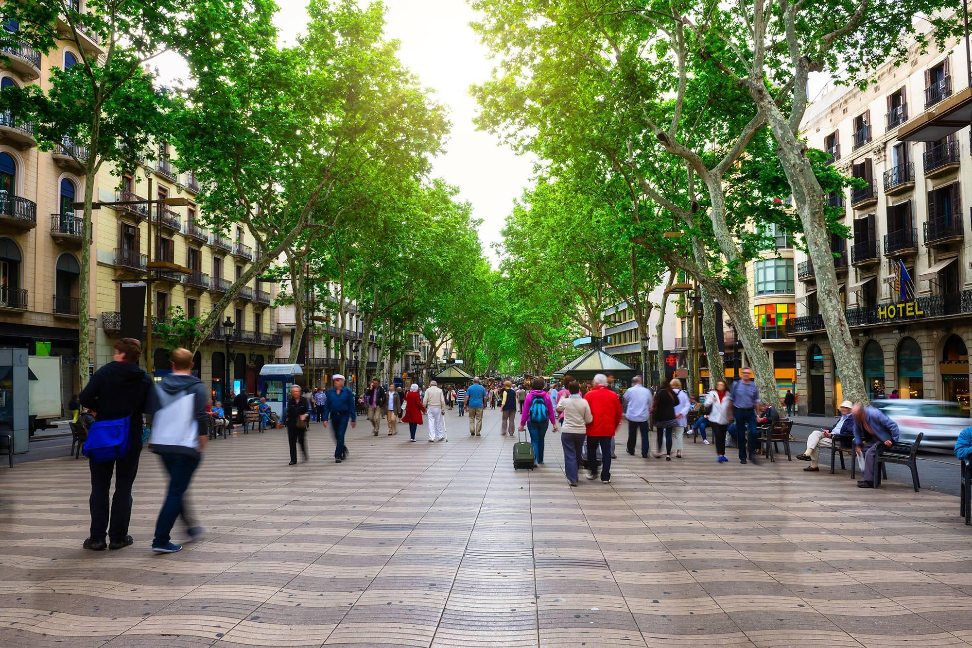 Živahna promenadna ulica La Rambla v Barceloni, obdana z drevoredom in s številnimi trgovinami in bari.
