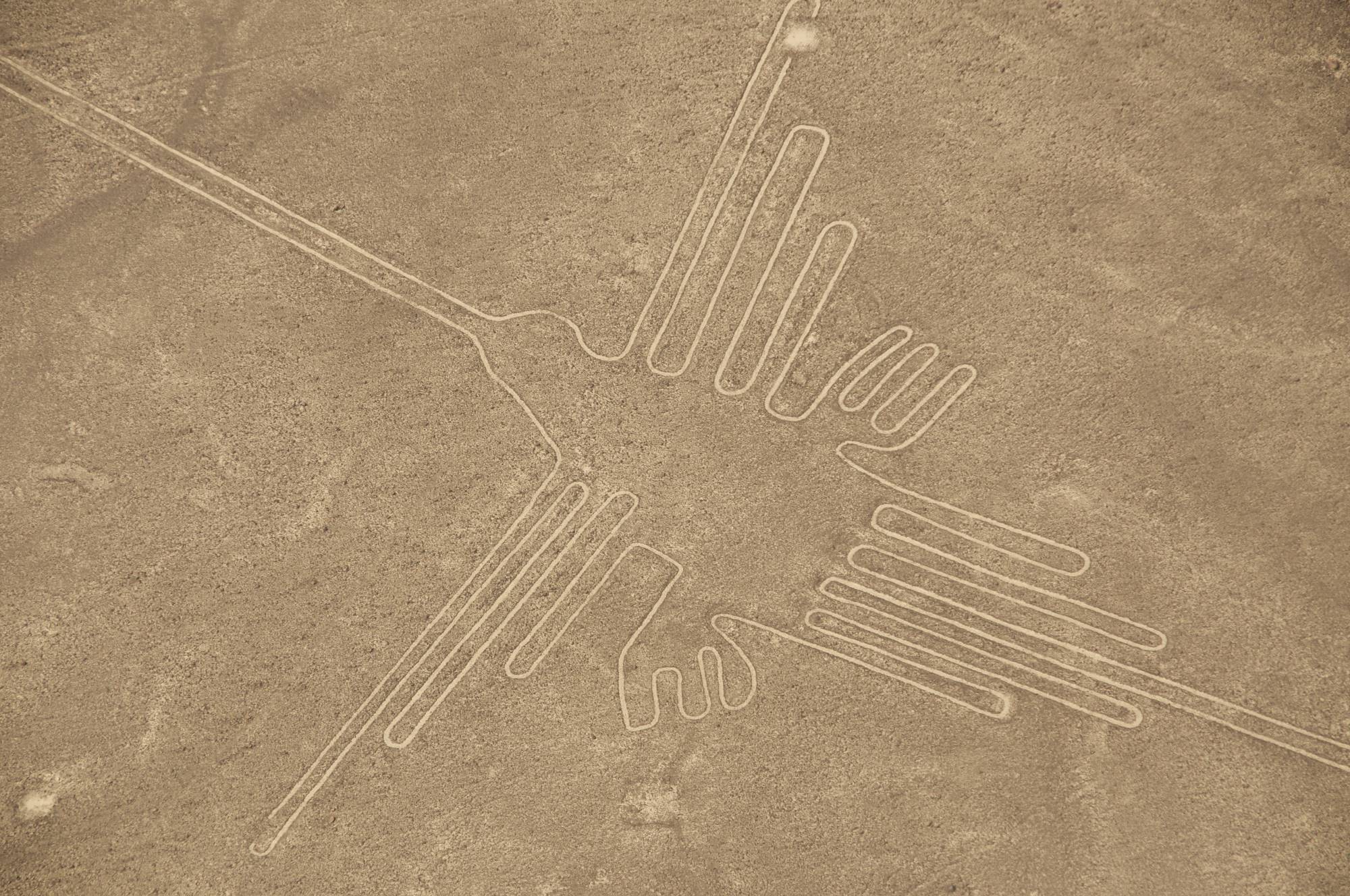 Ogromna risba v tleh oziroma geoglif s podobo ptiča na tleh puščavske planote Nazca v Peruju.